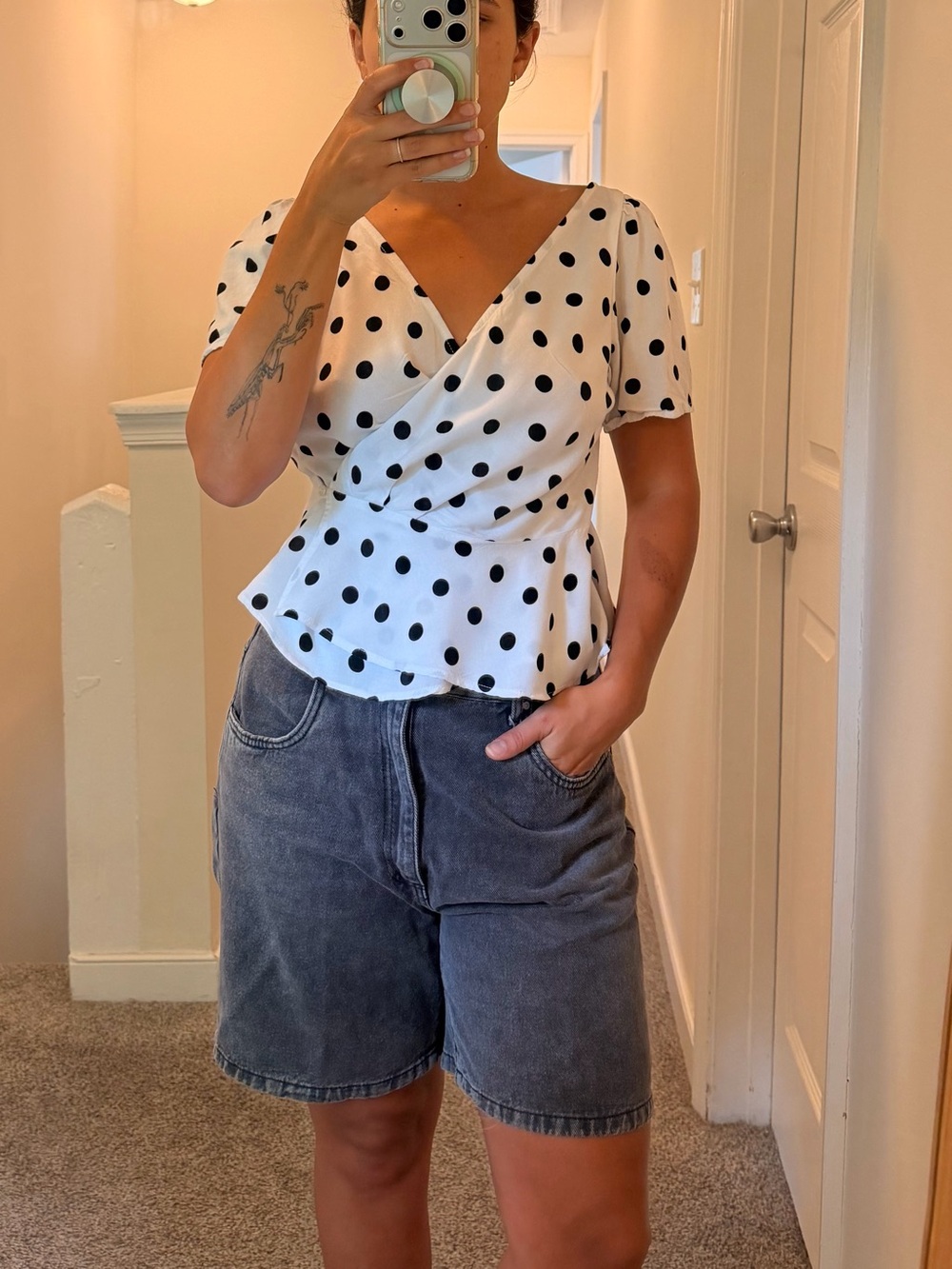 Polka Dot Wrap Peplum Top - White/Black